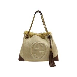 GUCCI Soho Chain Shoulder Bag Interlocking GG Beige Tan Brown Leather Tassel the